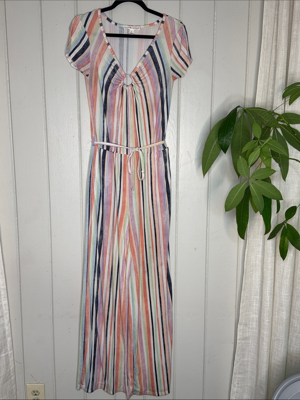 Striped V-Neck Maxi Jumpsuit with Ring Detail with Pockets